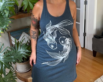 S,m, l, xl, 2XL - Tri-blend Light Navy Racerback Tank  Dress with koi Hand Screen Print