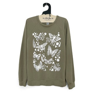 Unisex Medium Olive French Terry Raglan Lightweight Sweatshirt with Moths and Butterflies print image 1