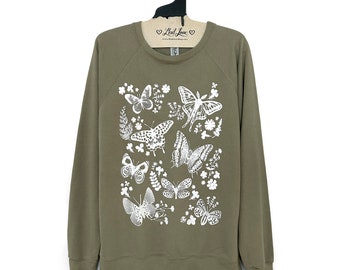 Unisex Medium - Olive French Terry Raglan Lightweight Sweatshirt with Moths and Butterflies print