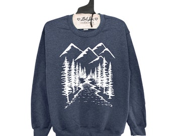 Unisex Large- Heather Navy Fleece Sweatshirt with Mountains print