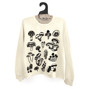 SALE Womens Large Fleece raw edge Sweatshirt with Mushrooms Hand Screen Print image 1