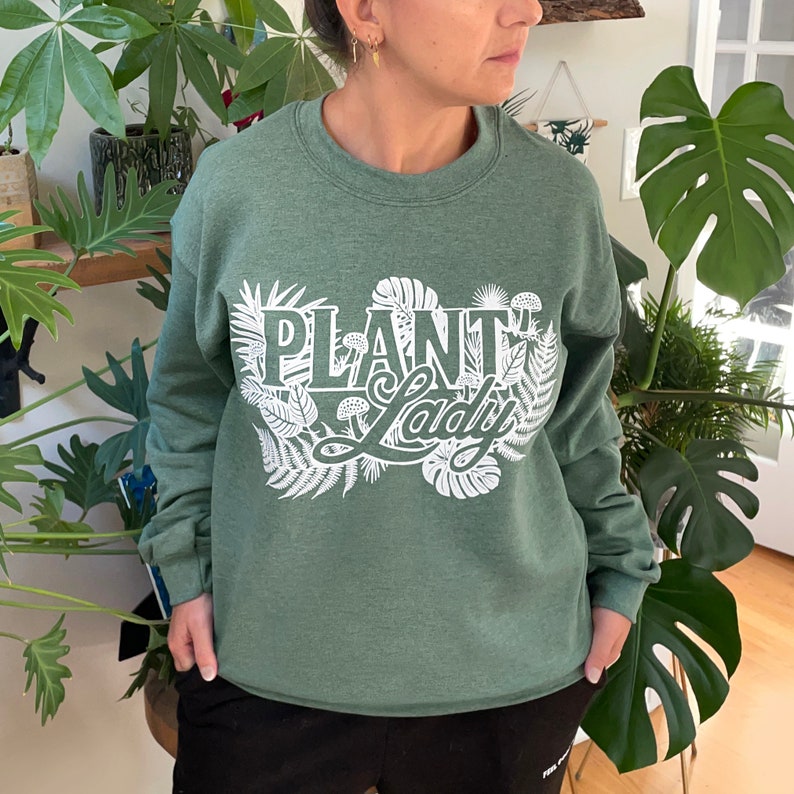 Unisex Small Heather Green Fleece Sweatshirt with Plant Lady print image 3