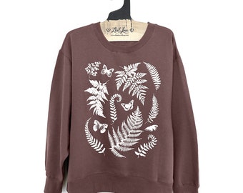 Womens Oversized Large - Brown Ladies  Boxy Crew Sweatshirt with Butterflies and Ferns Hand Screen Print