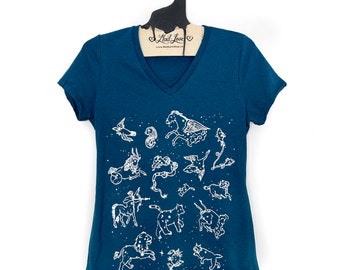 Small -  Deep Heather Teal Blue V-Neck Tee with Animal Constellations Print