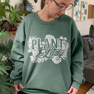 Unisex Small Heather Green Fleece Sweatshirt with Plant Lady print image 5