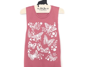 SALE Small- Dusty Pink Muscle Tank with Moths and Butterflies Screen Print