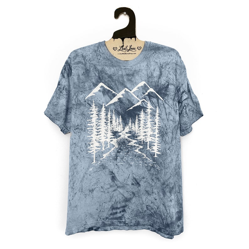 Unisex Large Smokey Blue Color Blast Dye Tee with Mountains Screen Print image 1