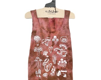 Large- Hand Dyed Tank with Mushrooms Screen Print