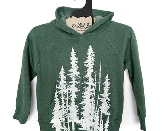 SALE Youth XS (4/5) - Not Perfect Print Heather Forest Hooded Sweatshirt with Evergreen Trees Hand Screen Print