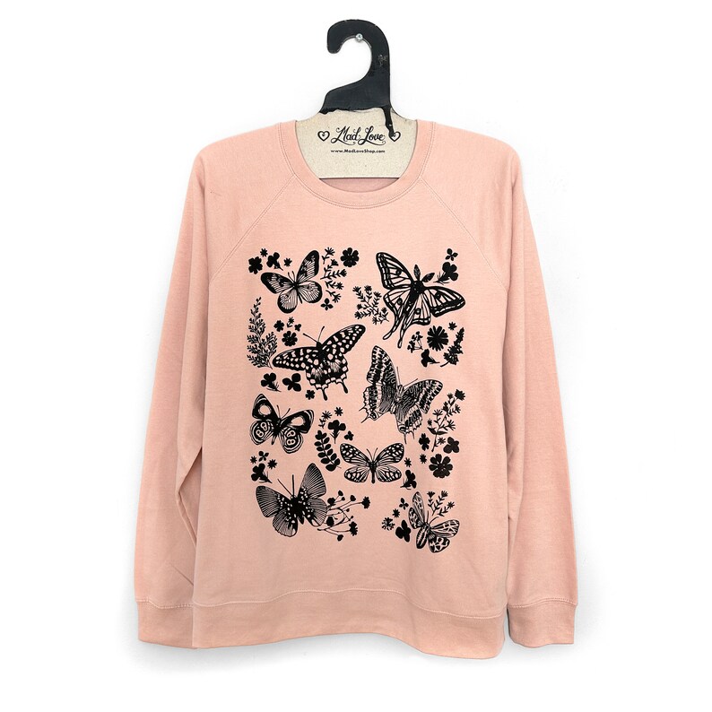 Unisex Medium Blush French Terry Raglan Lightweight Sweatshirt with Moths and Butterflies print image 1
