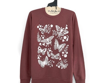 Unisex Medium - Sudadera ligera Mauve French Terry Raglan con estampado de polillas y mariposas