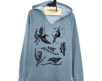 Womens Large - Dusty Blue Fleece V-Notch Hooded Pullover Sweatshirt with Backyard Birds Screen Print