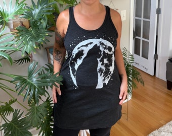 Large - Tri-blend Charcoal Black Racerback Tank  Dress with Cat Moon Hand Screen Print