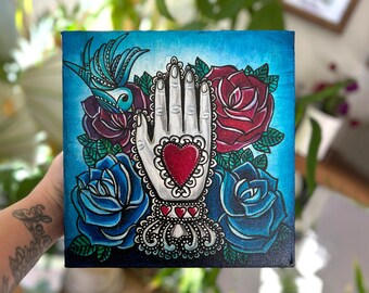 Milagro Hand and Roses Painting on Canvas- 8 x 8 x 2.25