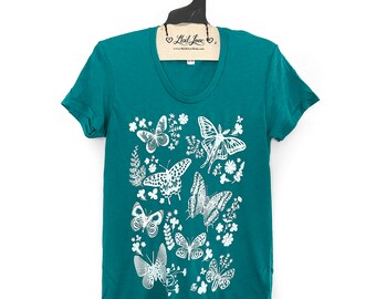 SUPER Fitted XL Fits like Medium - Ladies Heather Teal Tri-blend Crew Tee tee with Moths and Butterflies Screen Print