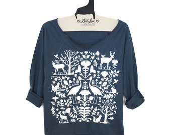 2XL- Denim Blue Ladies 3/4 Sleeve Raglan Top with Folk Screen Print