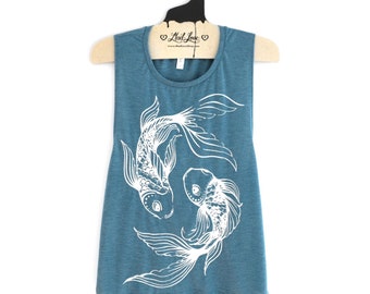 S,M,L - Denim Blue Muscle Tank with Koi Screen Print