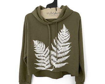SALE Womens Large - Olive Soft Cropped Hooded Sweatshirt with Fern Hand Screen Print - almost perfect