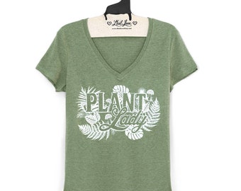 Large-  Heather Green V-Neck Tee with Plant Lady Screen Print-