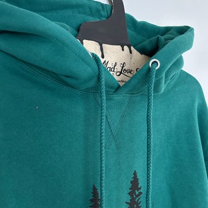 Womens Oversized Medium Dark Green Ladies Heavyweight Boxy Pullover Hood with Evergreen Trees Hand Screen Print image 5