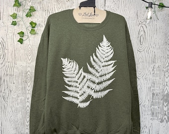 Unisex Large - Heather Olive Fleece Sweatshirt with Fern Screen Print