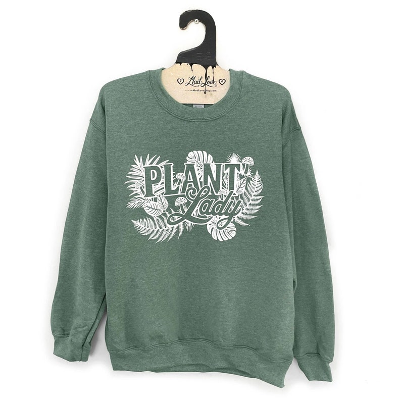Unisex Small Heather Green Fleece Sweatshirt with Plant Lady print image 1