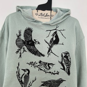 Womens Medium Fleece Cropped Hooded Sage Sweatshirt with Backyard Birds Hand Screen Print image 3