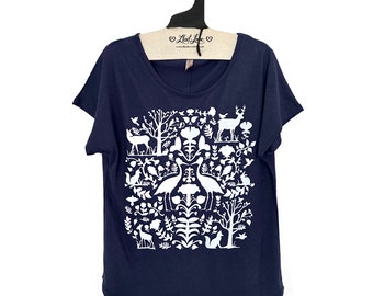 Large -  Solid Navy Dolman Tee with Folk Screen Print-