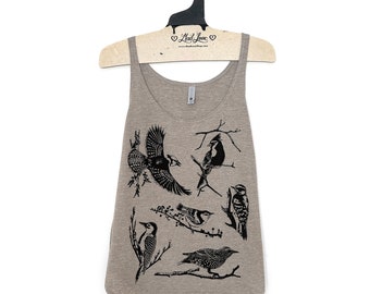 Medium - Heather Tan Scoop Neck Tank with Backyard Birds Screen Print