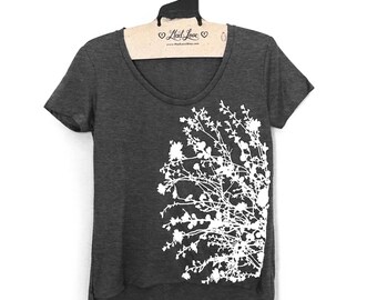 Large - Heather Charcoal Scoop Festival hi-lo Tee with Flowering Branches Print