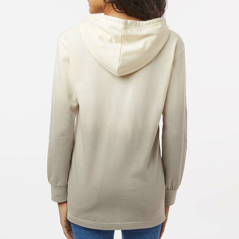 Womens Medium Khaki Cream Ombre Terry V-Notch Hooded Pullover Sweatshirt with Backyard Birds Screen Print image 5