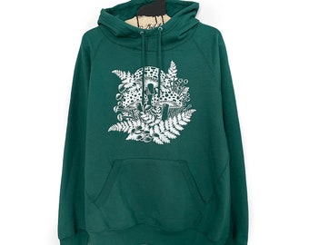 Ladies Large- Alpine Green Teal Hooded Scuba neck Sweatshirt with Mushroom Fern Screen Print