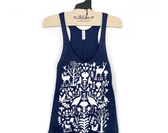 Small -Indigo Tri-blend racerback tank with Folk Hand Screen Print