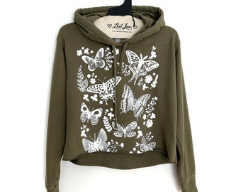 Womens Medium - Olive Soft Cropped Hooded Sweatshirt with Moths and Butterflies Hand Screen Print