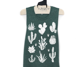 Large- Forest Green Muscle Tank with Cactus and Succulents Screen Print