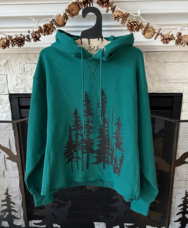 Womens Oversized Medium Dark Green Ladies Heavyweight Boxy Pullover Hood with Evergreen Trees Hand Screen Print image 2