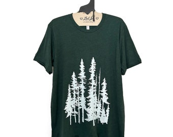 Unisex Large - Heather Dark Forest Green with Evergreen Trees Screen Print