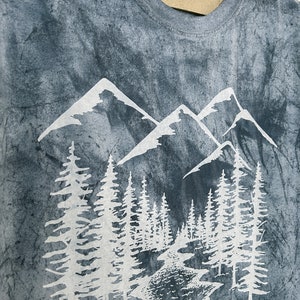 Unisex Large Smokey Blue Color Blast Dye Tee with Mountains Screen Print image 2