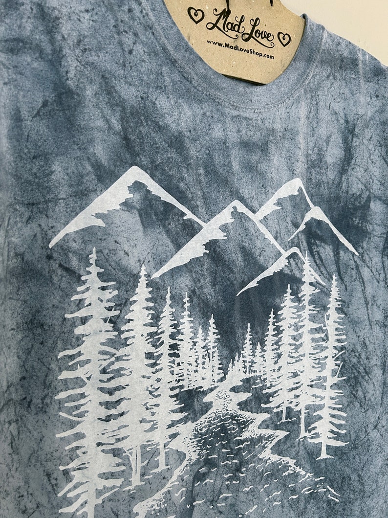 Unisex Large Smokey Blue Color Blast Dye Tee with Mountains Screen Print image 2