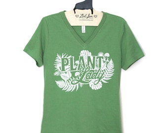 Medium- Ladies Green V-neck tee with Plant Lady Screen Print - R