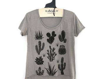 2XL- Mujeres Heather Tan Scoop Neck Hi Lo con cactus y suculentas serigrafía a mano