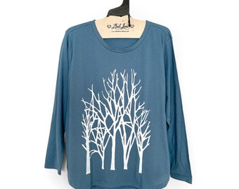 Ladies Large - Dusty Blue Denim Ladies High-Low Long Sleeve Tee with Branch trees Screen Print