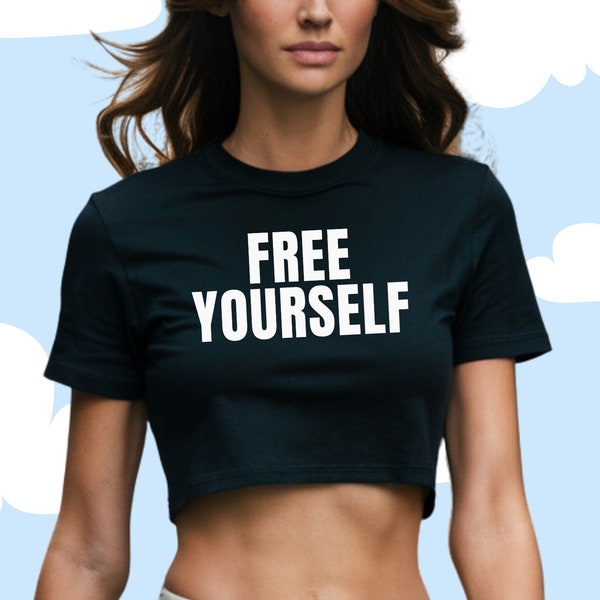 Free yourself y2k shirt, Women Y2k Letter Print Graphics Baby Tee, Street Goth Short Sleeve Skinny T-shirt, Slim Grunge Crop Tops