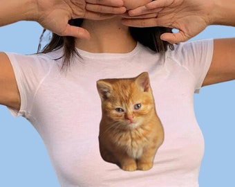 Camiseta divertida con estampado de gato Kawaii para mujer, camisetas con estampado de animales Y2K a la moda de los años 90, camiseta recortada con bonito gato para chica