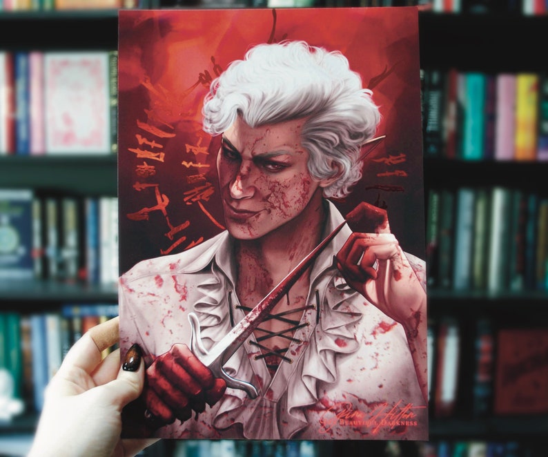 Art print of a white haired man covered in blood holding an equally bloodied dagger. Behind him is an intricate red metallic design resembling the scars on his back.