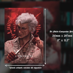 Puede incluir: Impresi&oacute;n A4 con acabado laminado, que muestra un retrato de una persona con cabello blanco sosteniendo una daga ensangrentada. La obra de arte incluye el texto "ginavampina" y dimensiones de 210mm x 297mm. Fondo rojo oscuro.