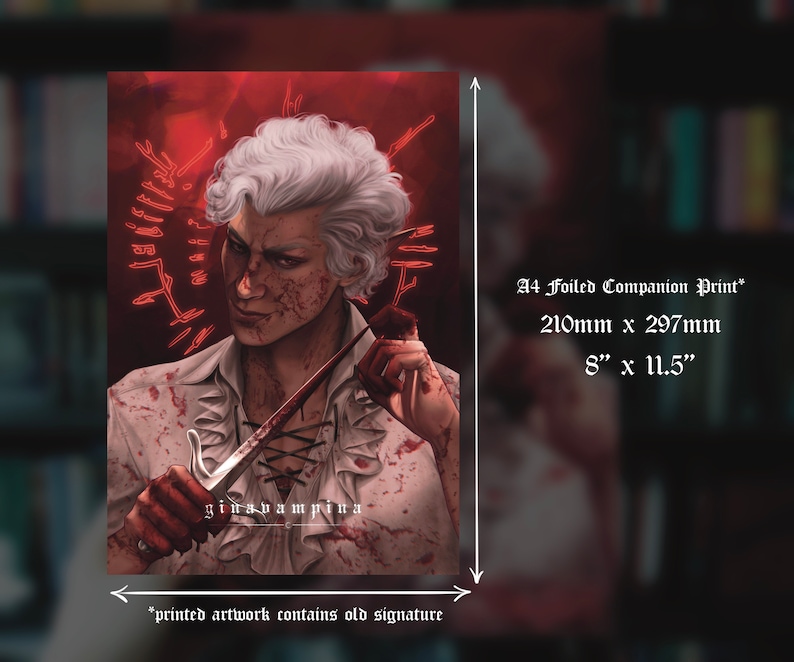 Puede incluir: Impresi&oacute;n A4 con acabado laminado, que muestra un retrato de una persona con cabello blanco sosteniendo una daga ensangrentada. La obra de arte incluye el texto "ginavampina" y dimensiones de 210mm x 297mm. Fondo rojo oscuro.