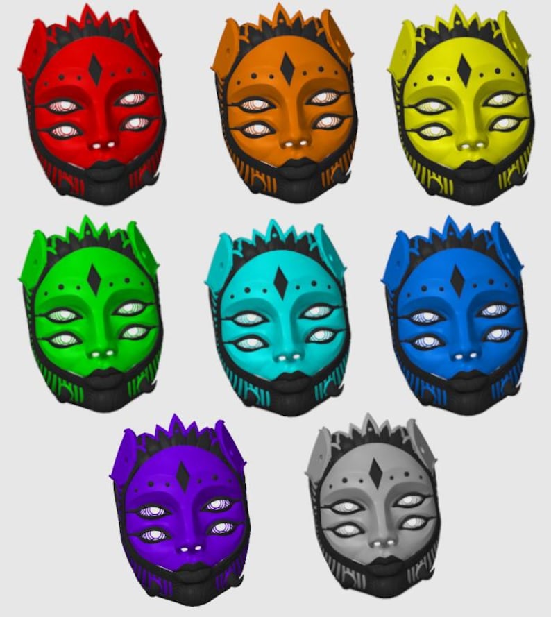 May include: Set of 8 colorful masks with a unique design. Each mask features a diamond-shaped forehead piece, three eyes, and a detailed mouth. The masks are available in red, orange, yellow, green, blue, turquoise, purple, and gray.