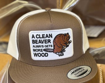 A Clean Beaver Always Gets More Wood Hat - Brown/ White Yupoong flat bill trucker hat