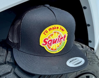 I’ll make her squirt hat - Yupoong 6006 black flat bill trucker hat